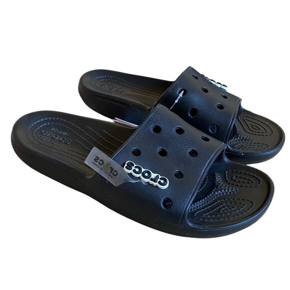 NWT Crocs Classic Slide Sandals in Black Size Men 8 Women 10 with Crocs Charms - Picture 1 of 14